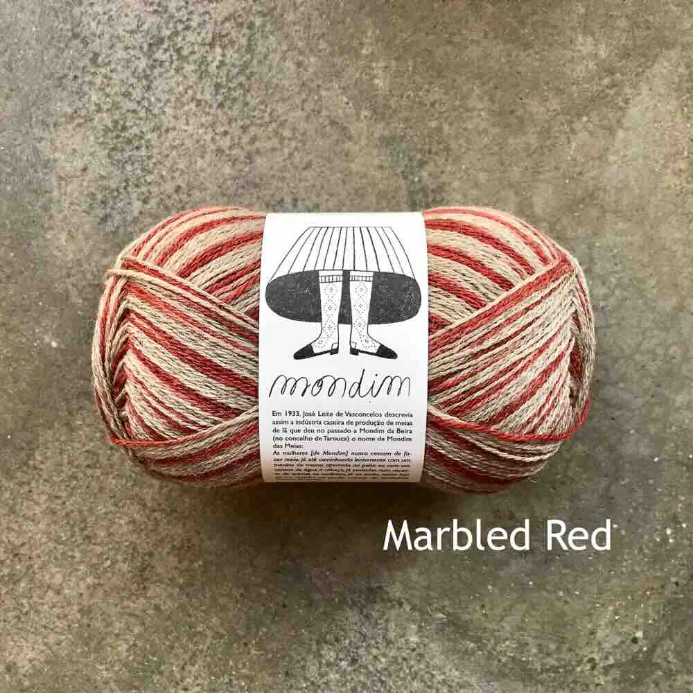 Retrosaria Rosa Pomar Mondim Marble red Sockgarn Stickwick yarn & design, garnbutik Göteborg.